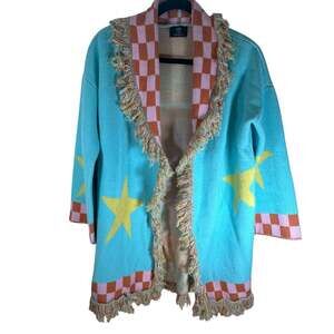 Dressed In Lala Star & UFO Pattern Luxe Fringe Blanket Cardigan S/M